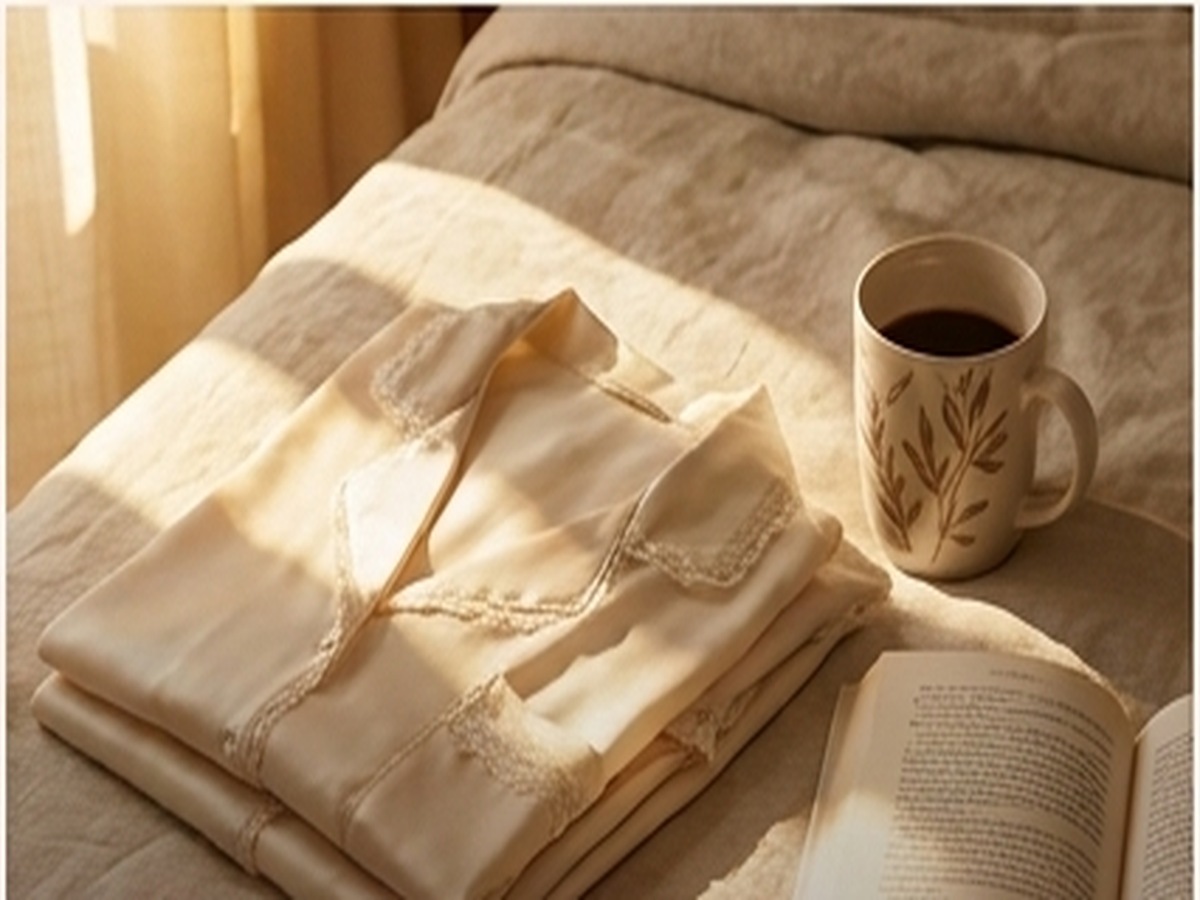 Folded satin Teusy sleep set on a bed with coffee and a book