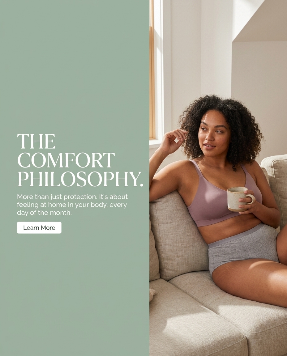 Woman relaxing in a Teusy bra and briefs — the comfort philosophy