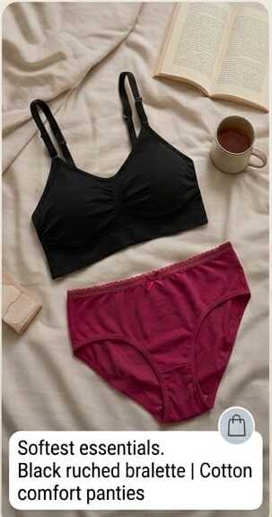 Teusy black ruched bralette with cotton comfort panty