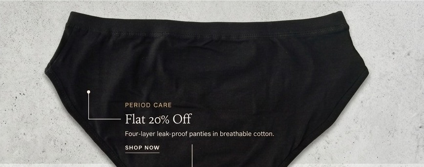 Period care — Flat 20% off boy-short period panties at Teusy