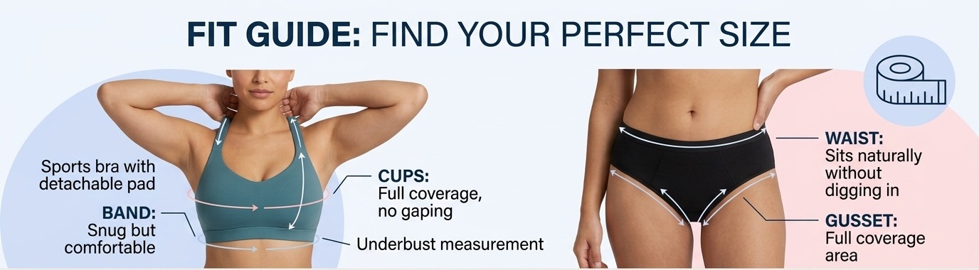 Teusy fit guide diagram showing band, cup, waist and gusset measurements