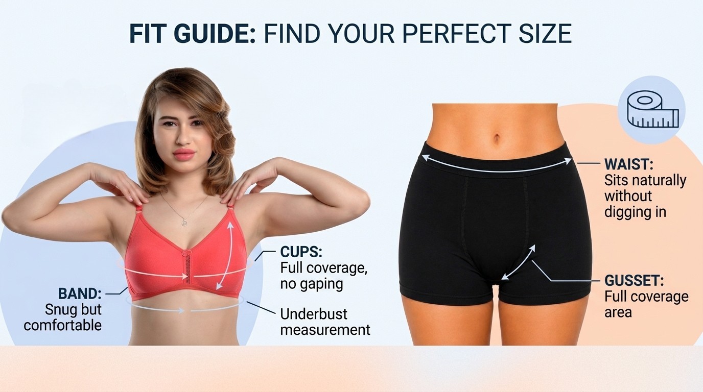 Teusy fit guide diagram showing band, cup, waist and gusset measurements