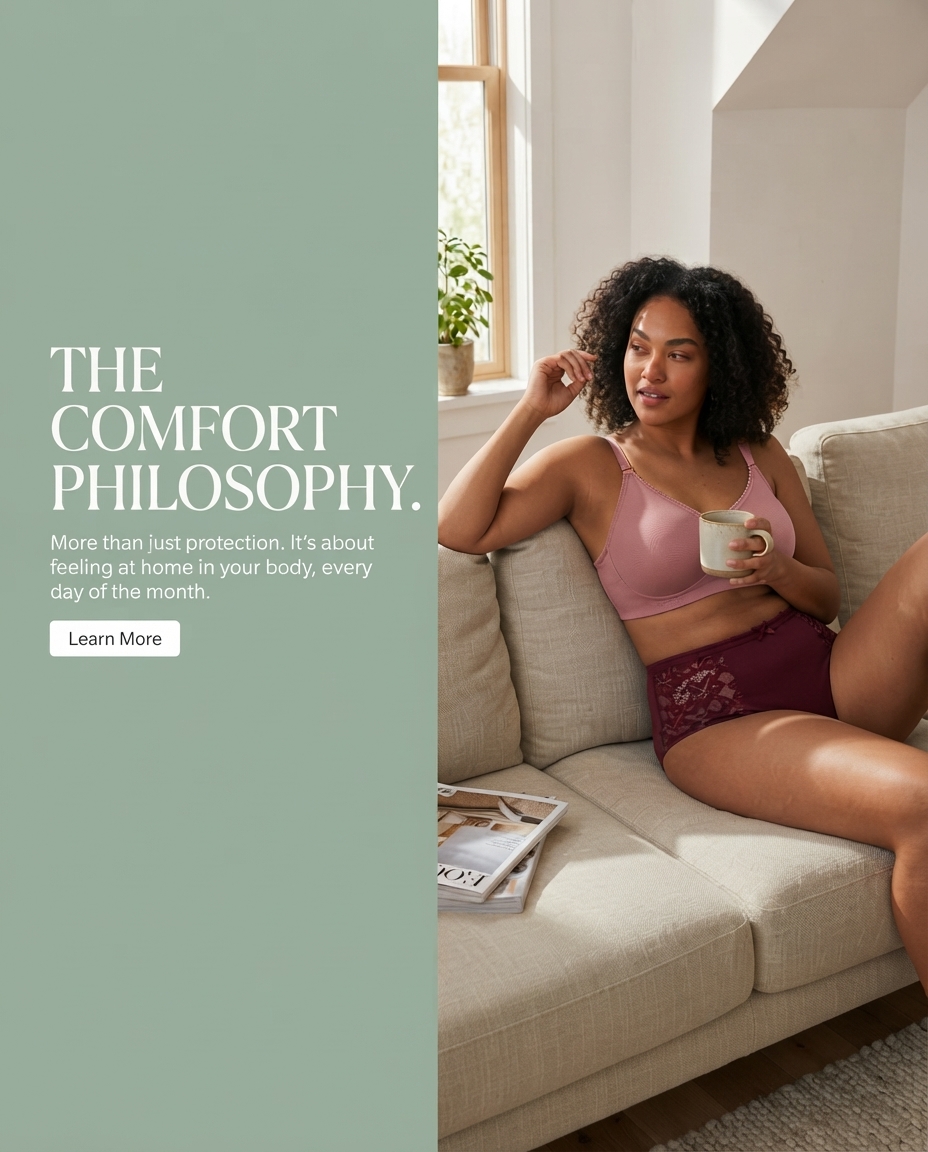 The Comfort Philosophy — woman relaxing on a sofa in Teusy pink lingerie